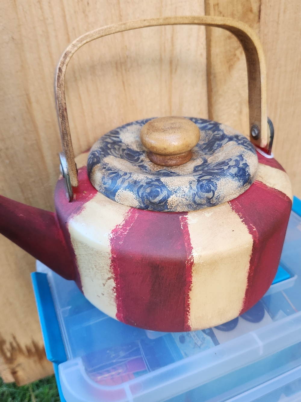 Decorative Flag Striped Teapot Accent - Red, White, Blue Grunged